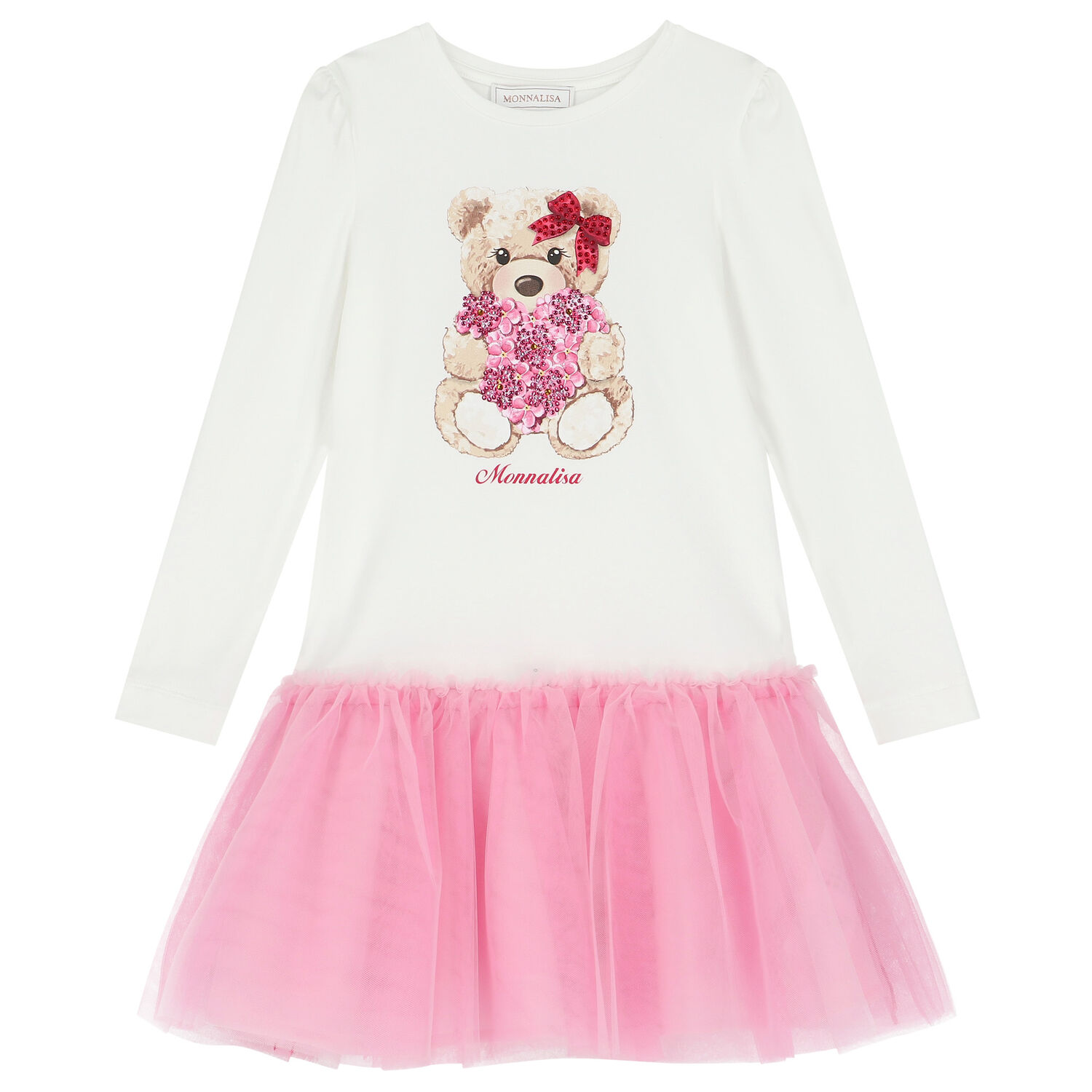 Girls White & Pink Teddy Tulle Dress, 2, hi-res